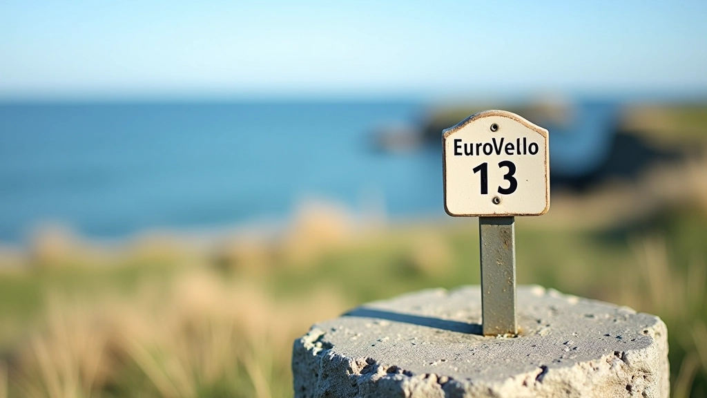EuroVelo 13 Baltijas maršruta robeža zīme uz akmeņa, jūra horizonta tālumā