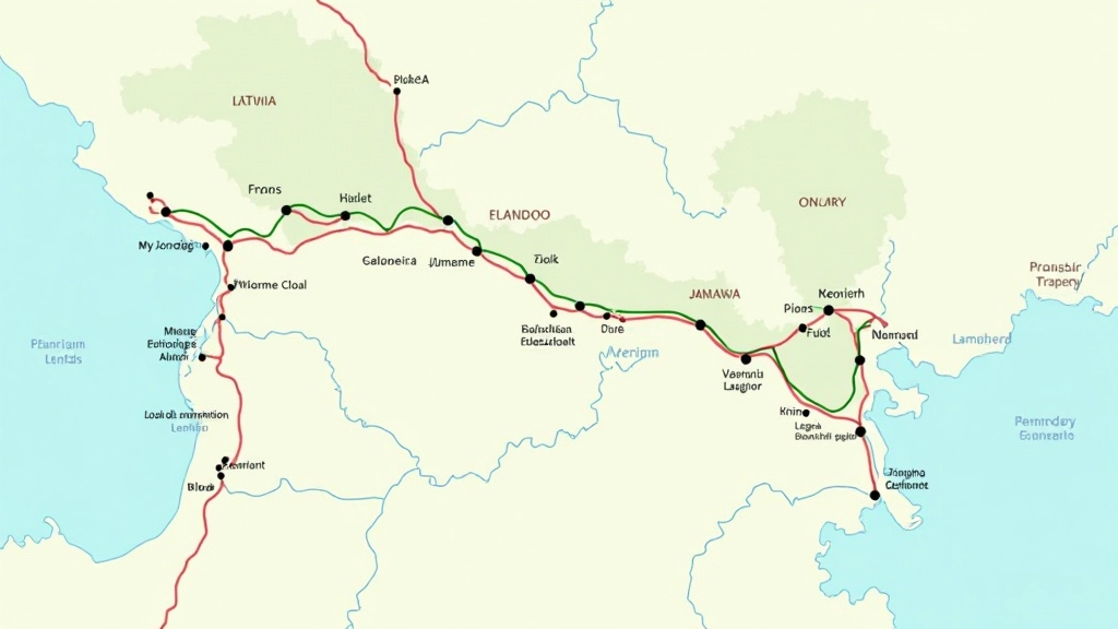 EuroVelo 13 maršruta karte ar iezīmētiem posmiem Latvijā, krāsainu līniju vadošu no ziemeļiem uz dienvidiem