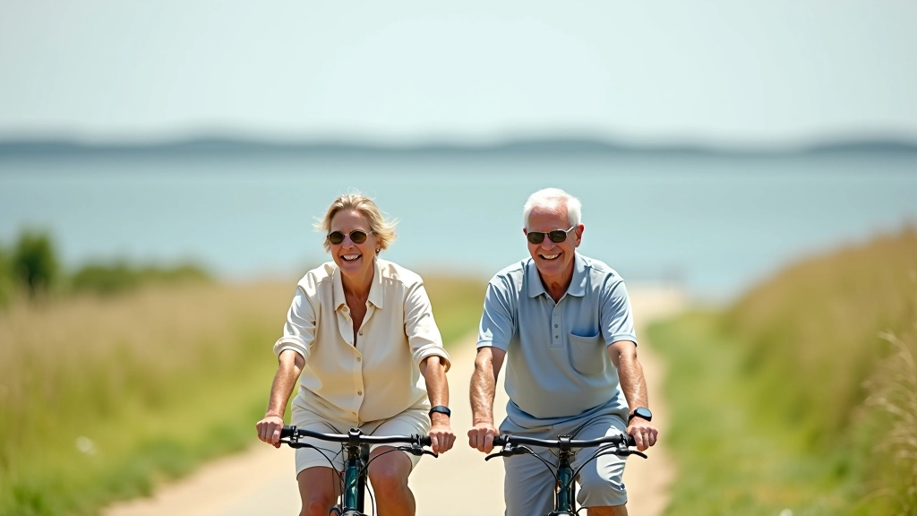 Seniori brauc ar velosipēdiem uz jūras piekrastes ceļa
