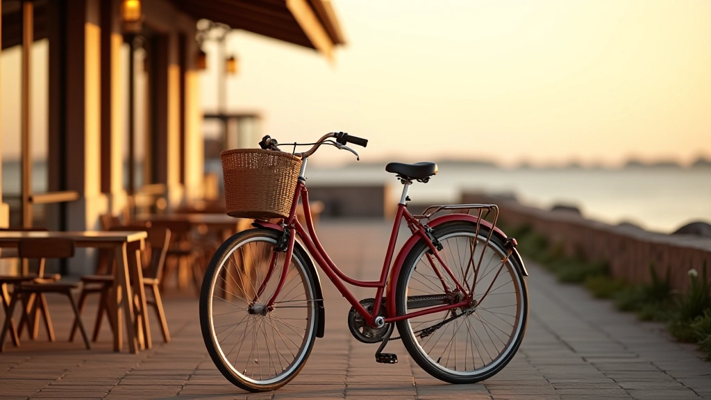 Velosipēds parkēts pludmales kafejnīcas ārpusē Dundagā, skats uz jūru un dienas saulrietam